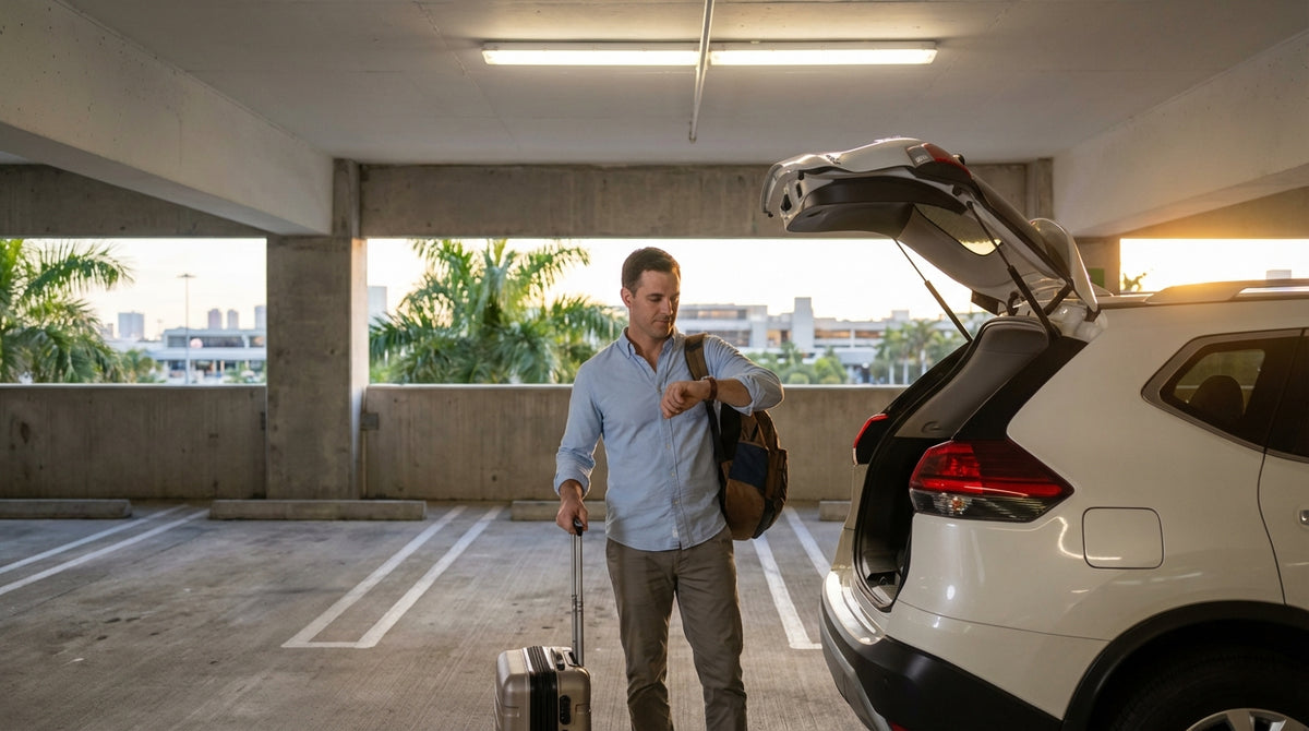 A car hire vehicle approaching the Miami airport terminal for an early morning return as the sun rises