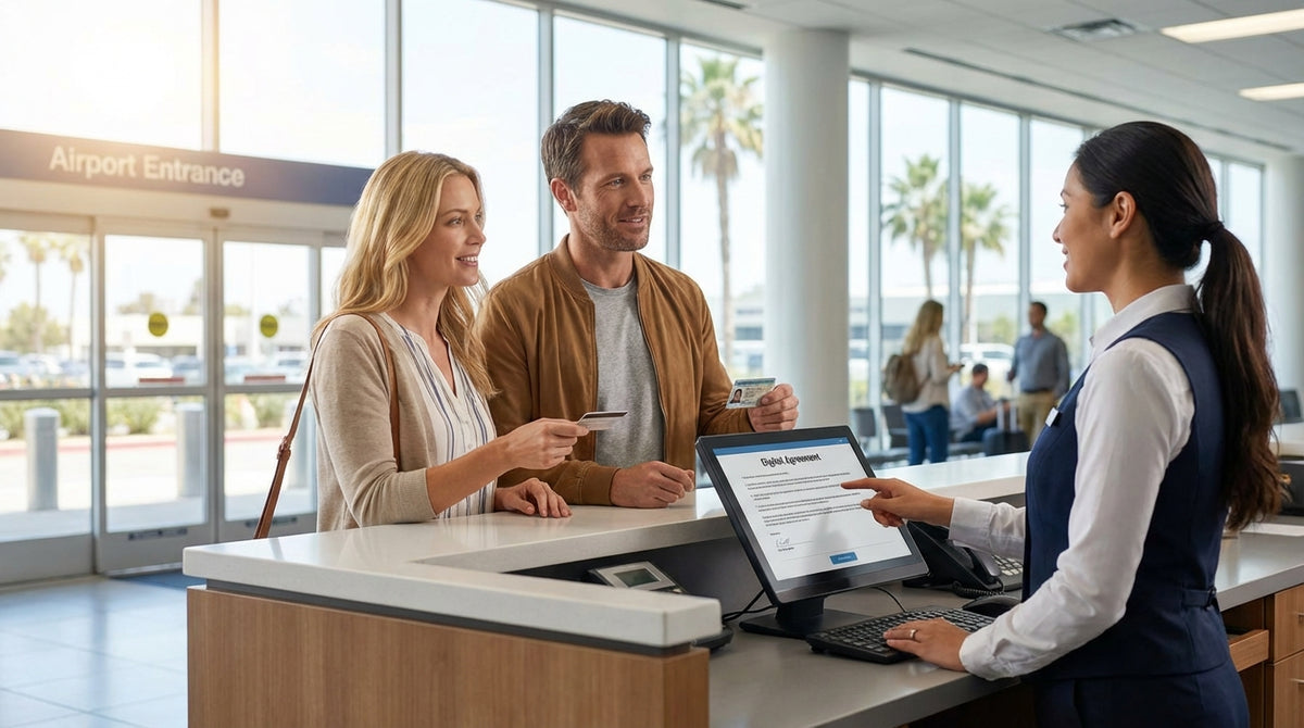 A driver and passenger in a convertible car rental enjoying a sunny road trip along the California coast