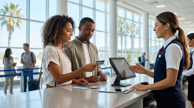 A person at a car rental desk in Orlando preparing to pay the deposit for their vehicle