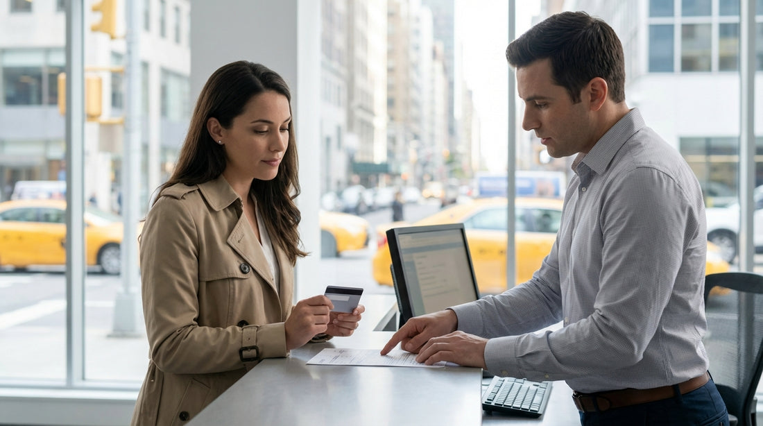 A modern car hire vehicle driving past yellow taxi cabs on a bustling street in New York City