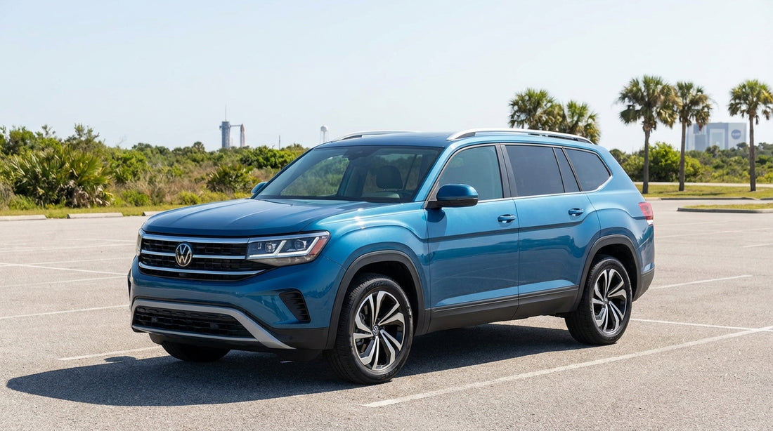 A modern car hire driving down a sunny, palm-lined highway on a day trip from Orlando