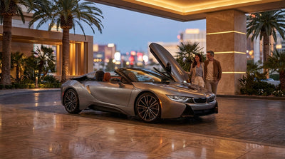 A white BMW i8 car rental with butterfly doors open on the Las Vegas Strip glowing with neon lights at night