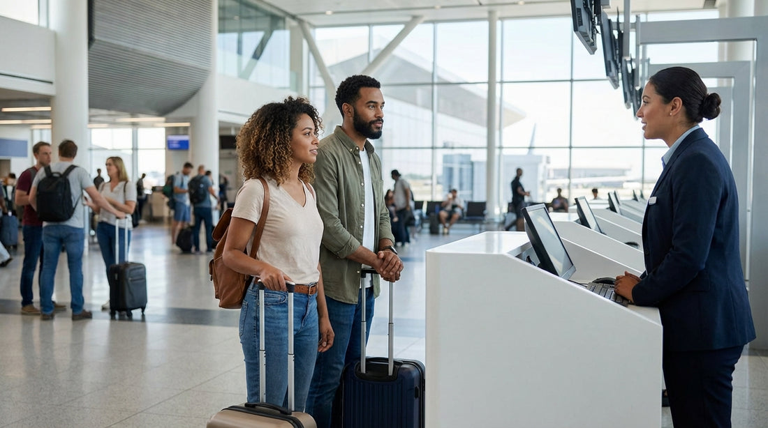 A traveler with luggage at a busy car rental counter inside New York's JFK Airport