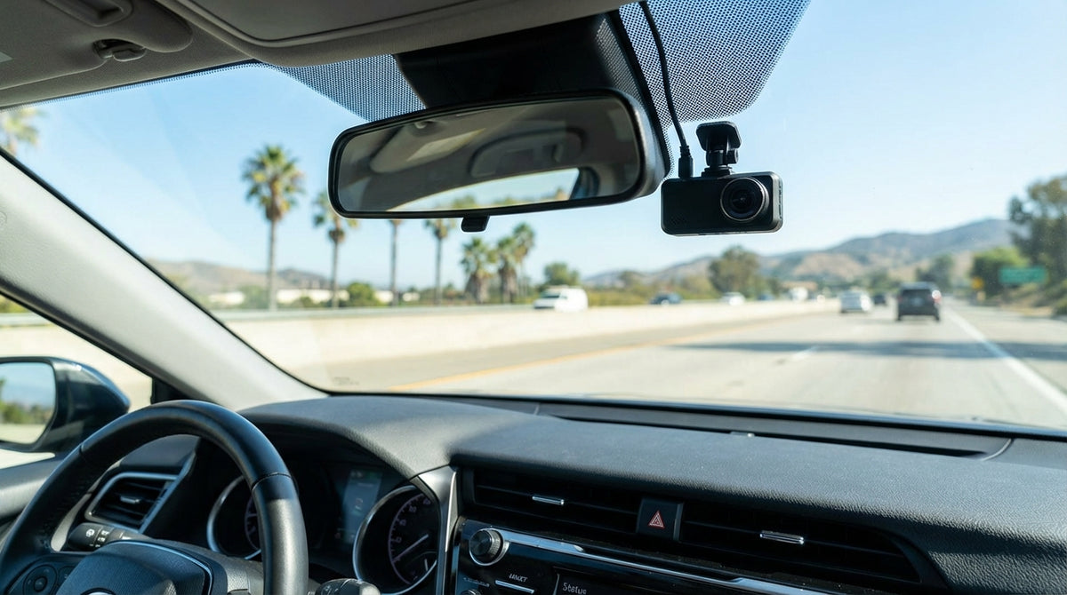 View from the dashboard of a car hire driving a scenic, winding road in sunny California