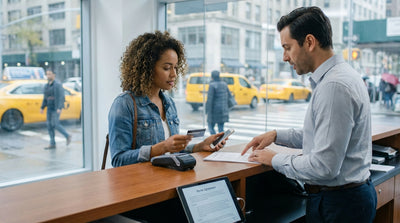 A driver holding keys next to their car rental on a busy street in New York City with skyscrapers in the background