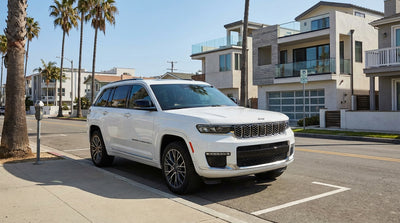 A row of cars parked on a sunny, palm-lined street in Venice Beach, Los Angeles, a popular spot for car hire