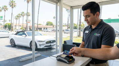 A person hands a credit card to an agent at a car rental counter in Los Angeles