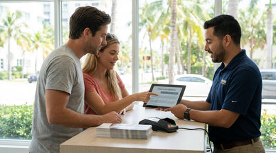 A convertible car rental driving past colorful art deco buildings and palm trees on Ocean Drive in Miami