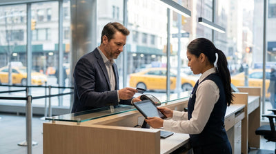 A traveler's hand holding a credit card at a car hire counter in a New York airport