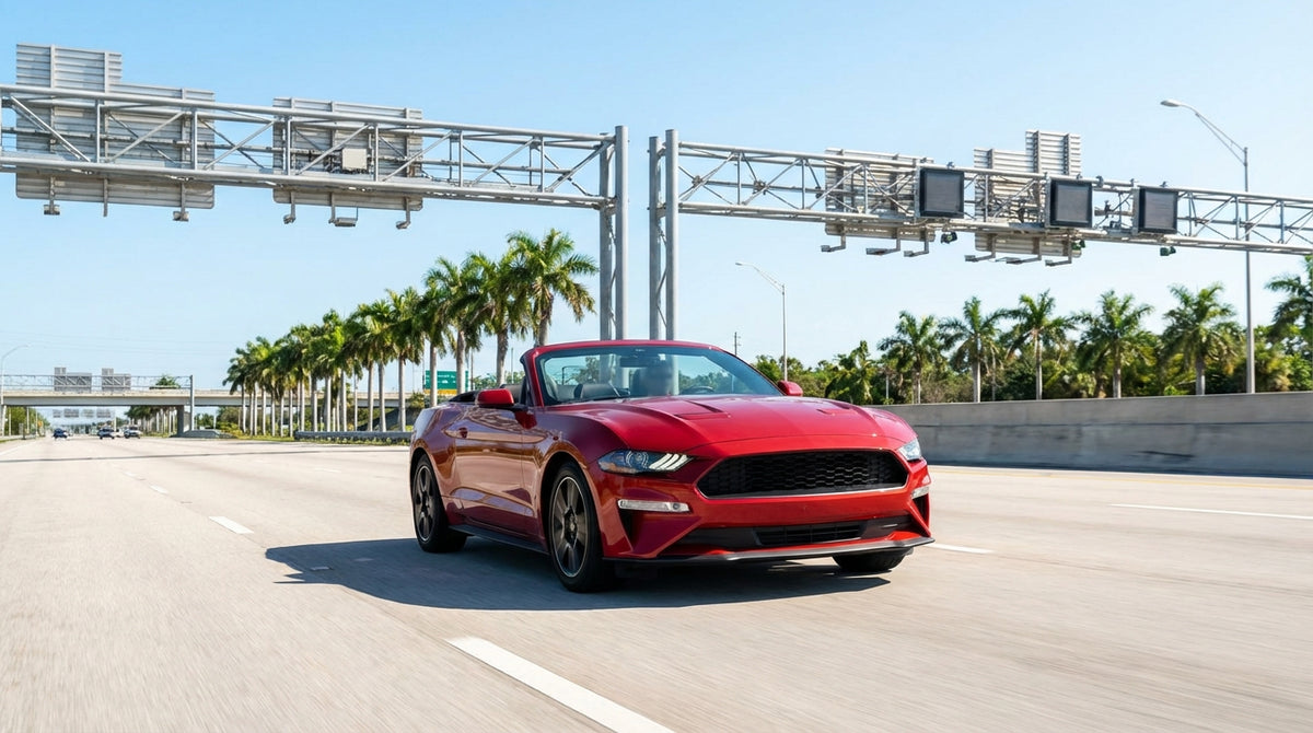 A car hire vehicle on the I-95 Express lanes in Miami passing under an electronic toll sign