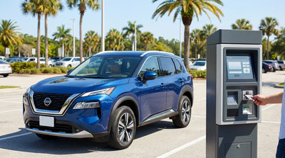 A person at a parking payment kiosk for their car rental on a sunny street in Orlando