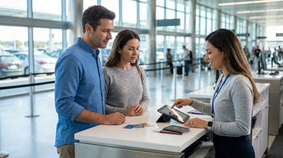 A driver signs documents for a car rental at a busy airport counter in New York City