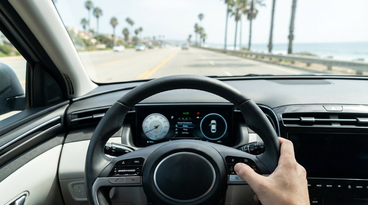 Driver's hands on a car hire steering wheel with cruise control buttons, driving on a sunny California highway