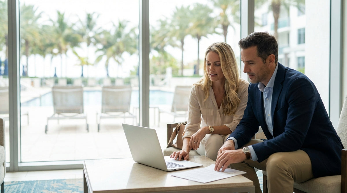 A convertible car rental driving down a sunny coastal highway lined with palm trees in Florida