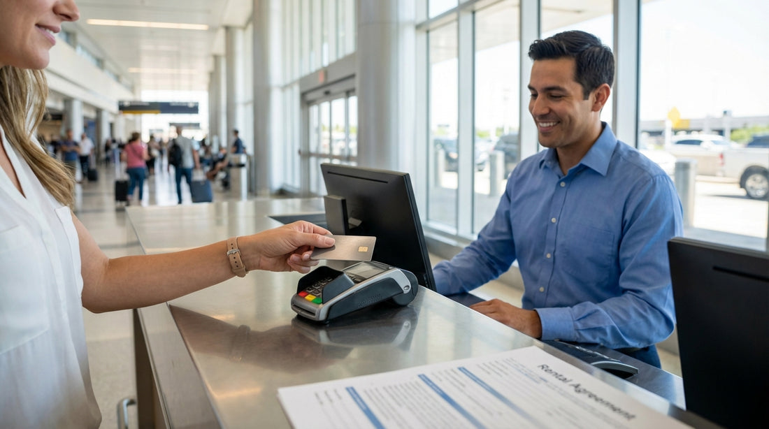 A person's hand holding a credit card at a car hire counter in the United Estates