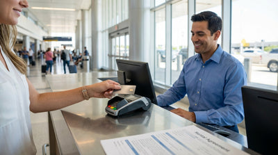 A person's hand holding a credit card at a car hire counter in the United Estates