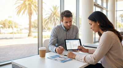 A convertible car hire driving along a sunny coastal highway in Florida with palm trees and ocean views