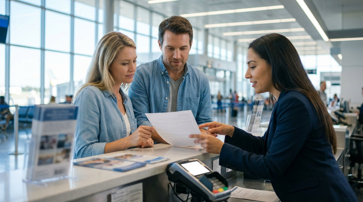 A modern car hire parked at a scenic viewpoint in a United States national park at sunset