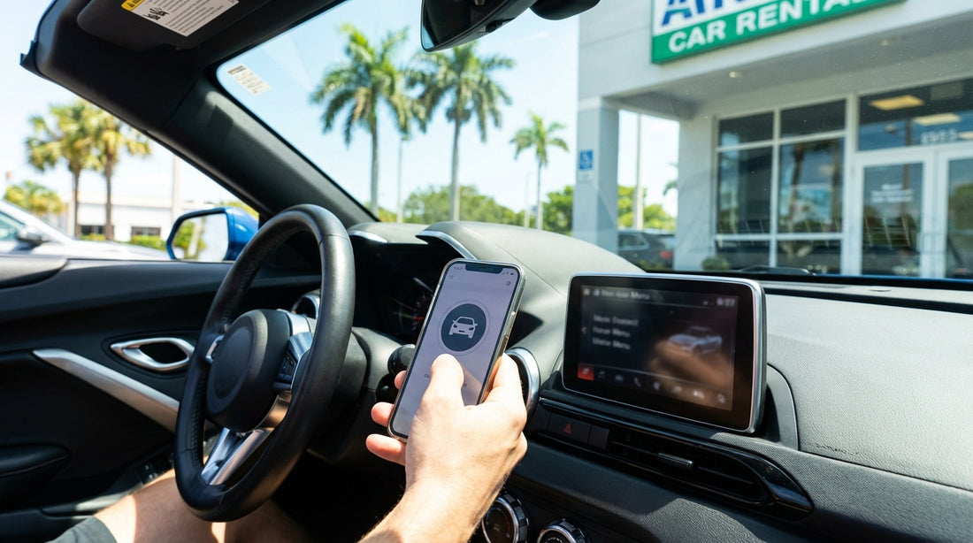 Driver's view of a car rental dashboard with Apple CarPlay navigating a sunny street in Miami