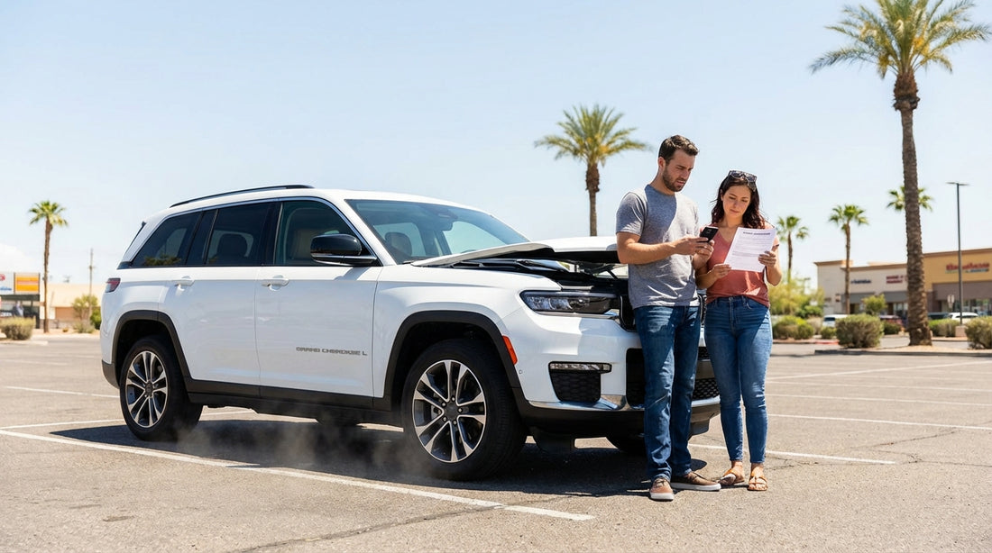 A car hire pulled over on a hot desert road with the Las Vegas skyline in the distance