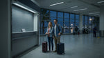 An empty car hire desk with the lights off in a quiet Orlando airport terminal after hours