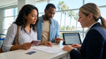 Customer handing paperwork and a credit card to an agent at a Florida car hire desk