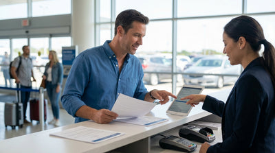 A white sedan car hire driving on a long, straight desert highway in the American Southwest