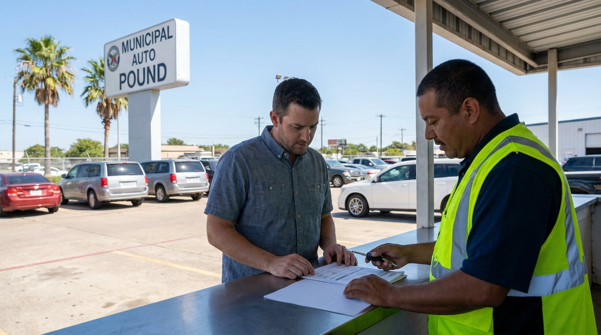 A tow truck lifts a sedan car rental from a parking spot in a sunny Texas shopping center