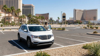 A driver parks their car hire in the lot by the iconic Welcome to Fabulous Las Vegas sign