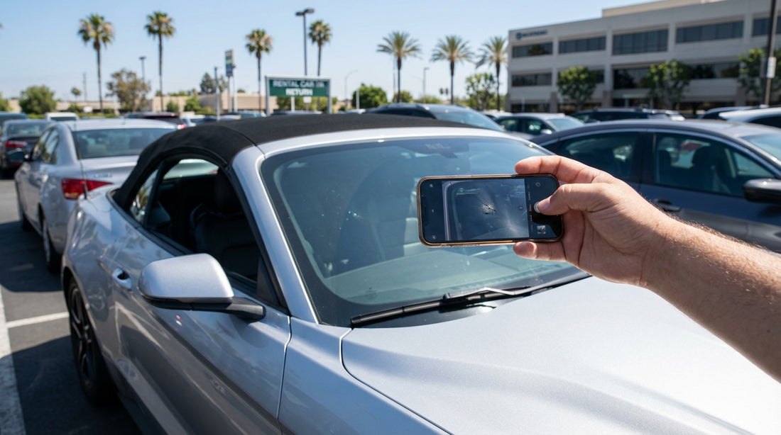A person photographs a stone chip on the windscreen of their car hire vehicle in a sunny parking lot in Mallorca, Spain