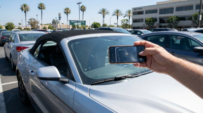 A person photographs a stone chip on the windscreen of their car hire vehicle in a sunny parking lot in Mallorca, Spain
