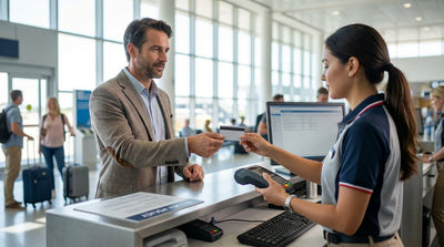 A person leans against their red car rental convertible overlooking a desert canyon in the United States