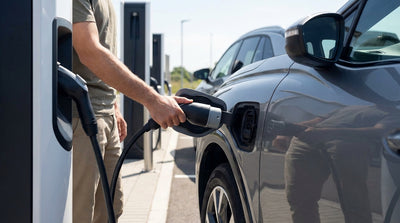 A white electric car hire charging at a Tesla Supercharger station in sunny California