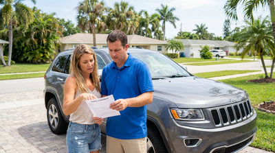 A car hire vehicle drives through a flooded street in Florida, sending a large splash of water into the air