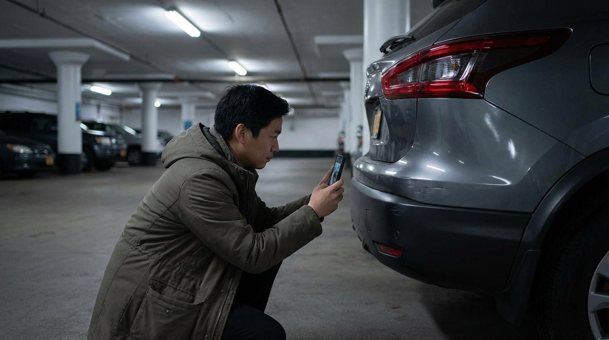 A person inspects damage on their dark-colored car hire inside a concrete New York parking garage
