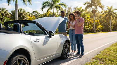 A silver car hire vehicle with hazard lights on, parked on the shoulder of a sunny, palm-lined highway in Orlando