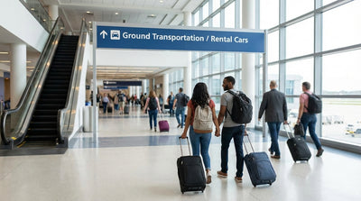A row of brightly lit car rental counters with company logos inside the arrivals hall at Newark Airport, New York