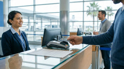 Customer handing a credit card to an agent at a car hire counter in the United Estates