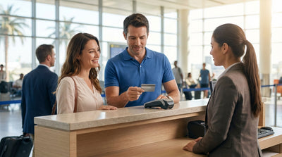 A driver holds a credit card and car keys for their car hire at the Orlando airport terminal