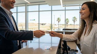 Customer presenting a credit card to an agent at a car hire counter in Texas