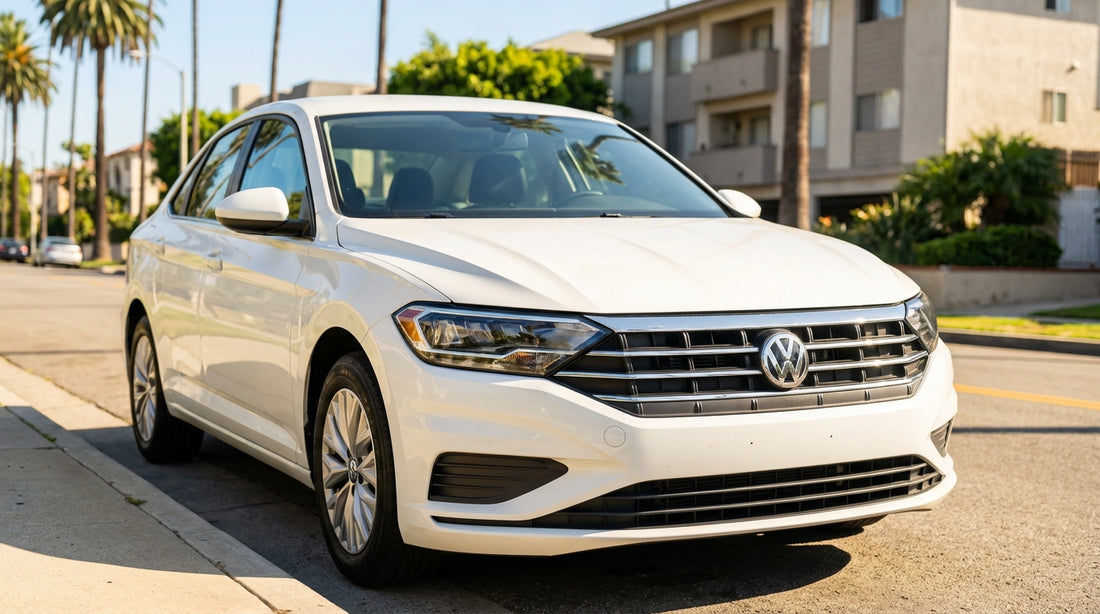 A convertible car hire driving down a street lined with palm trees in Los Angeles