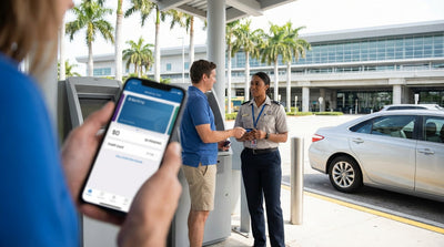 A happy woman with sunglasses gets into her red car hire vehicle on a bright, sunny day in Orlando