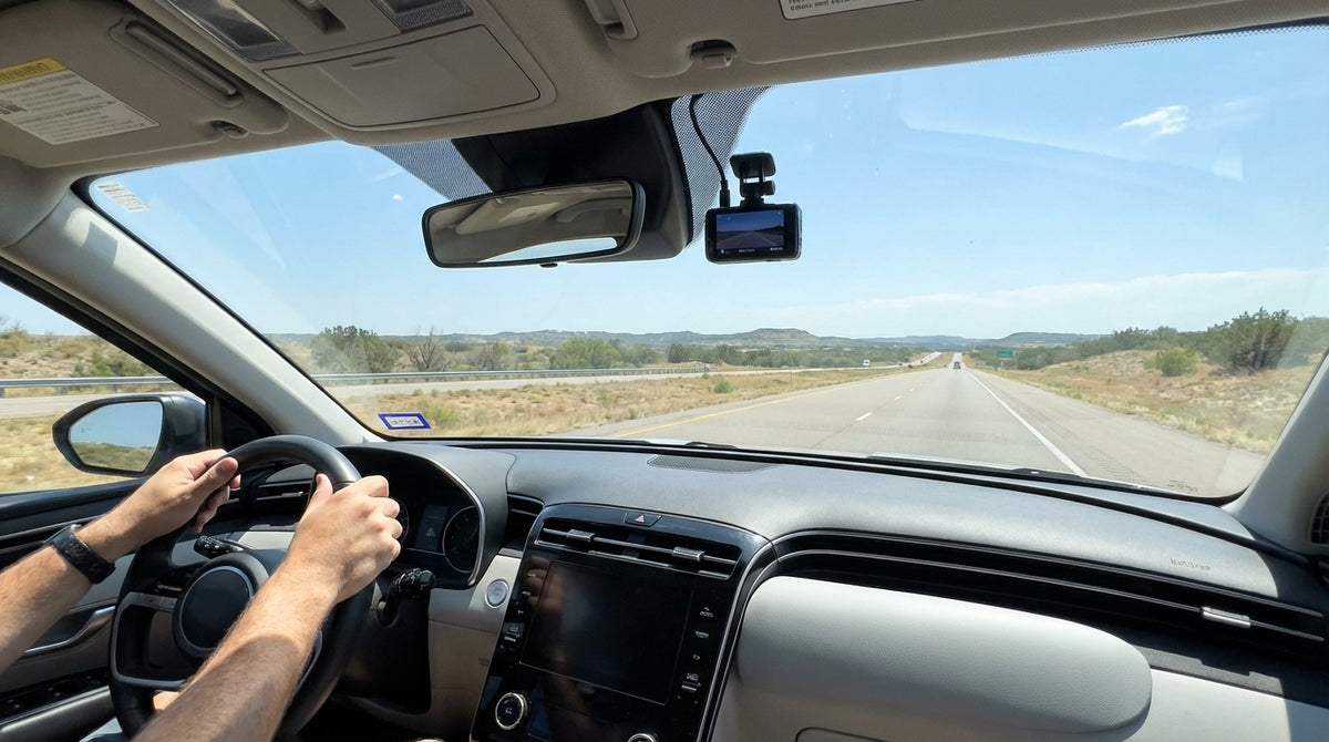A dash cam mounted on the windshield of a car hire, looking out onto a sunny Texas highway