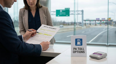 A sedan car hire drives on the Pennsylvania Turnpike towards an electronic E-ZPass toll gantry