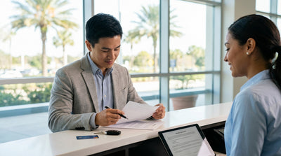 A man carefully reading a car hire agreement in a sunny Orlando airport parking lot