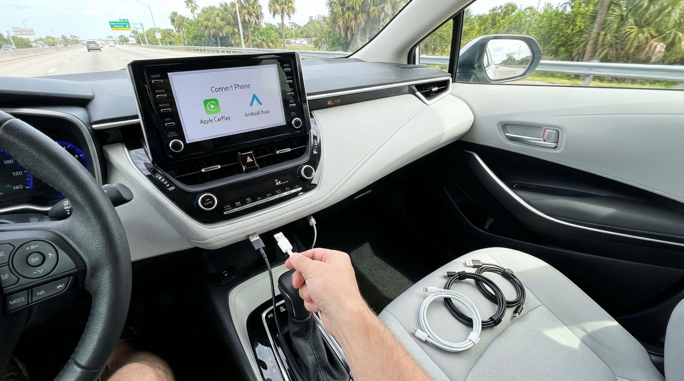USB cables for CarPlay and Android Auto in US car hire – Hola Car Rentals