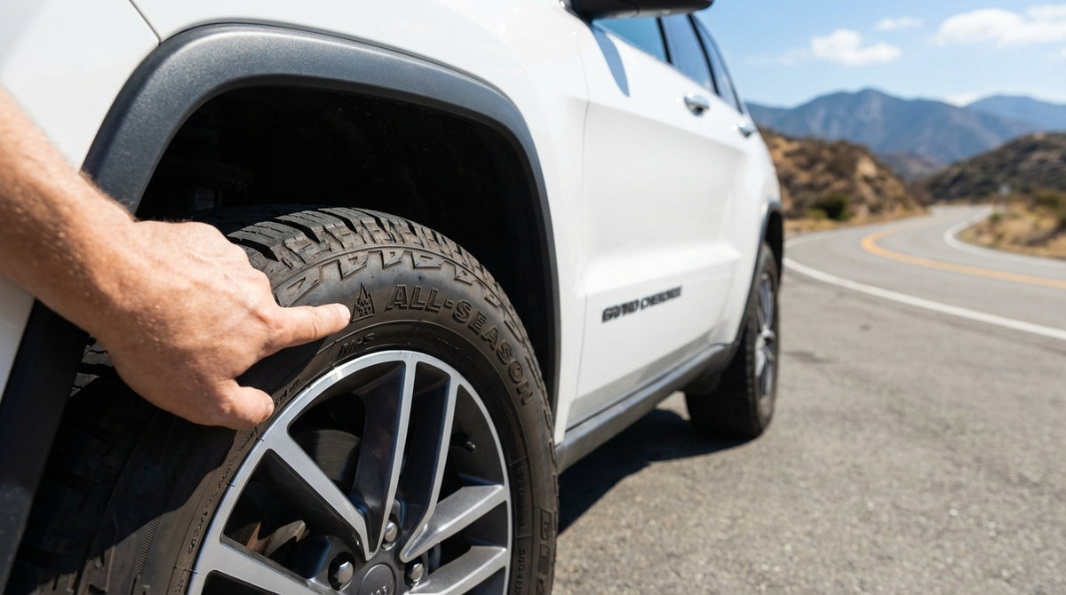 A person checking the tyres of a car rental parked on a scenic mountain road in California