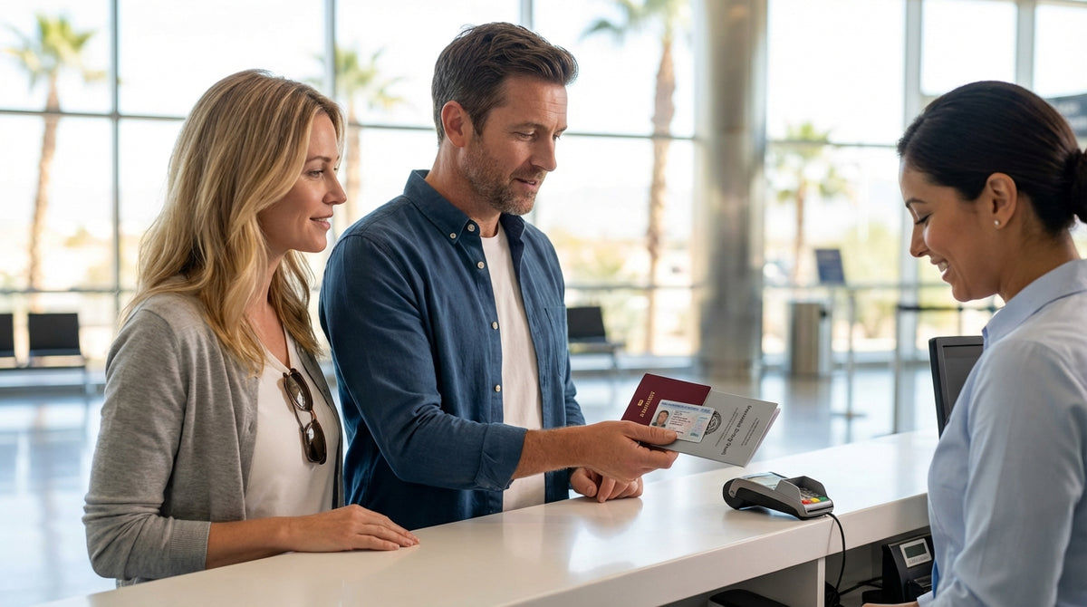 View from a car hire driving along the neon-lit Las Vegas Strip at dusk past famous casino signs