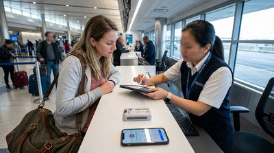 View from inside a car rental showing an E-ZPass on the windshield while driving towards New York City