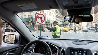 A New York traffic officer directs a car hire through a busy intersection with a 'No Turn' sign visible